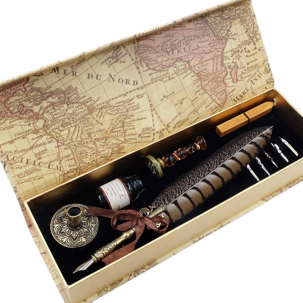 Antique Quill Pen Unique Half-Patterned Feather Pen Set with 6 Nibs 1 Bottle of Ink 1 Seal Stamp 1 Pen Holder 1 Sealing Wax LL-149