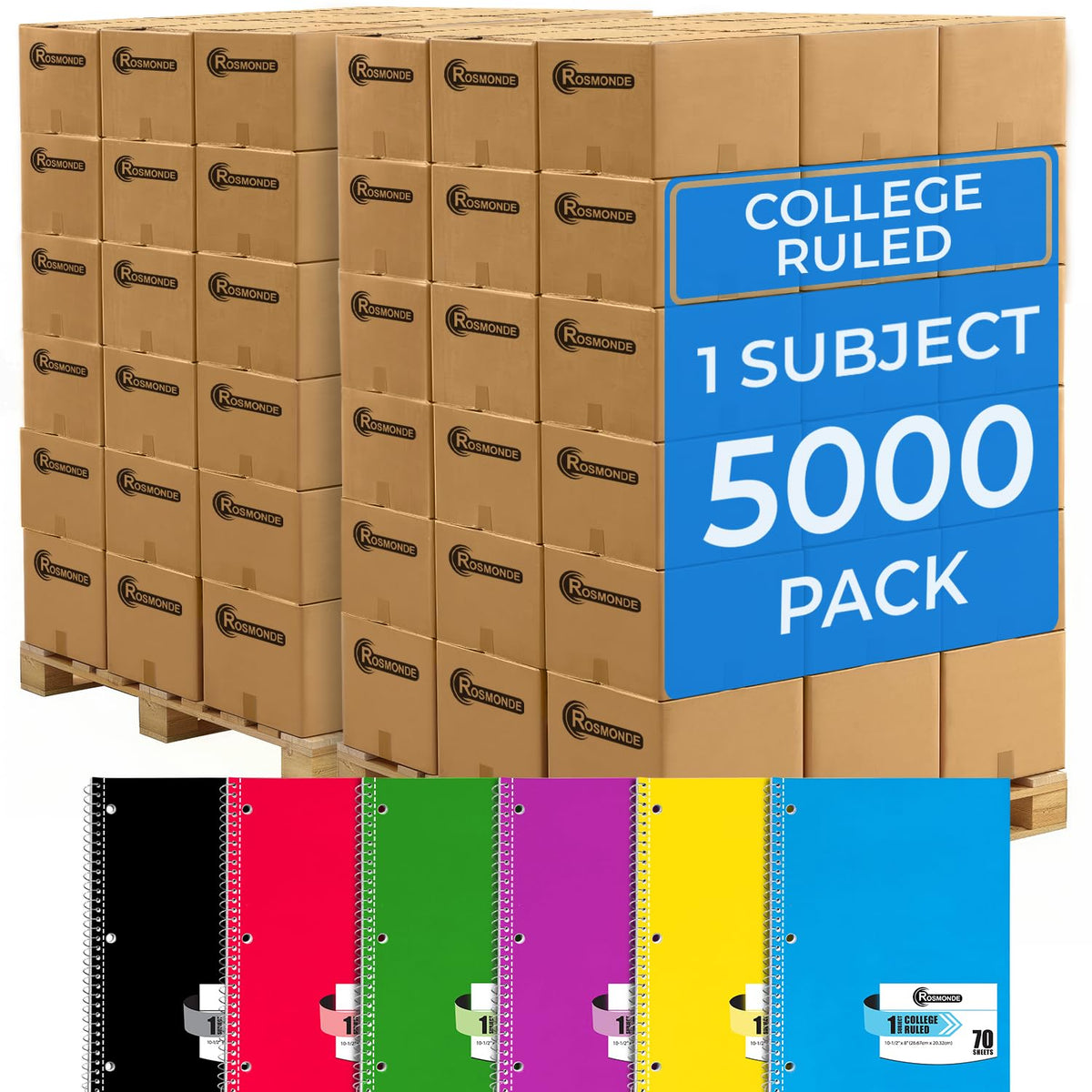 Rosmonde 50 Pack 1 Subject Spiral Notebook College Ruled Bulk, 70 Sheets