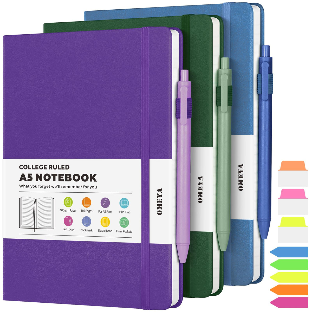OMEYA A5 Hardcover Notebooks for Work: 3 Pack, 100gsm Paper, 160 Pages Each