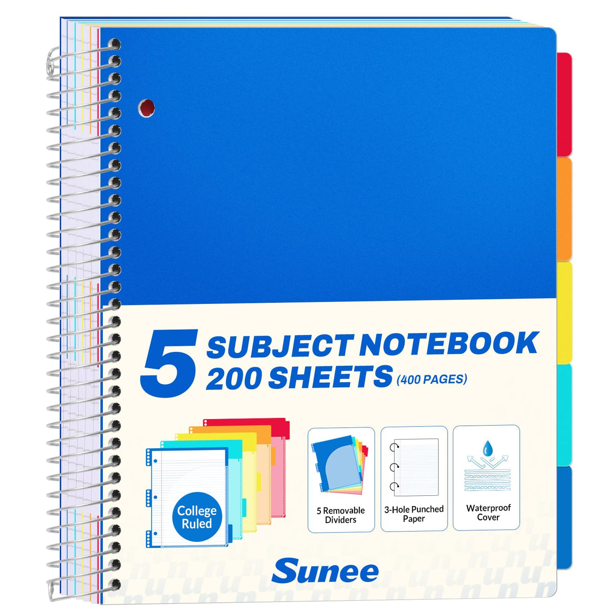 SUNEE 5 Subject Notebook College Ruled - 400 Pages, 9"x11", 5 Pocket Colored Dividers, 3-Hole Punched Paper, Pink