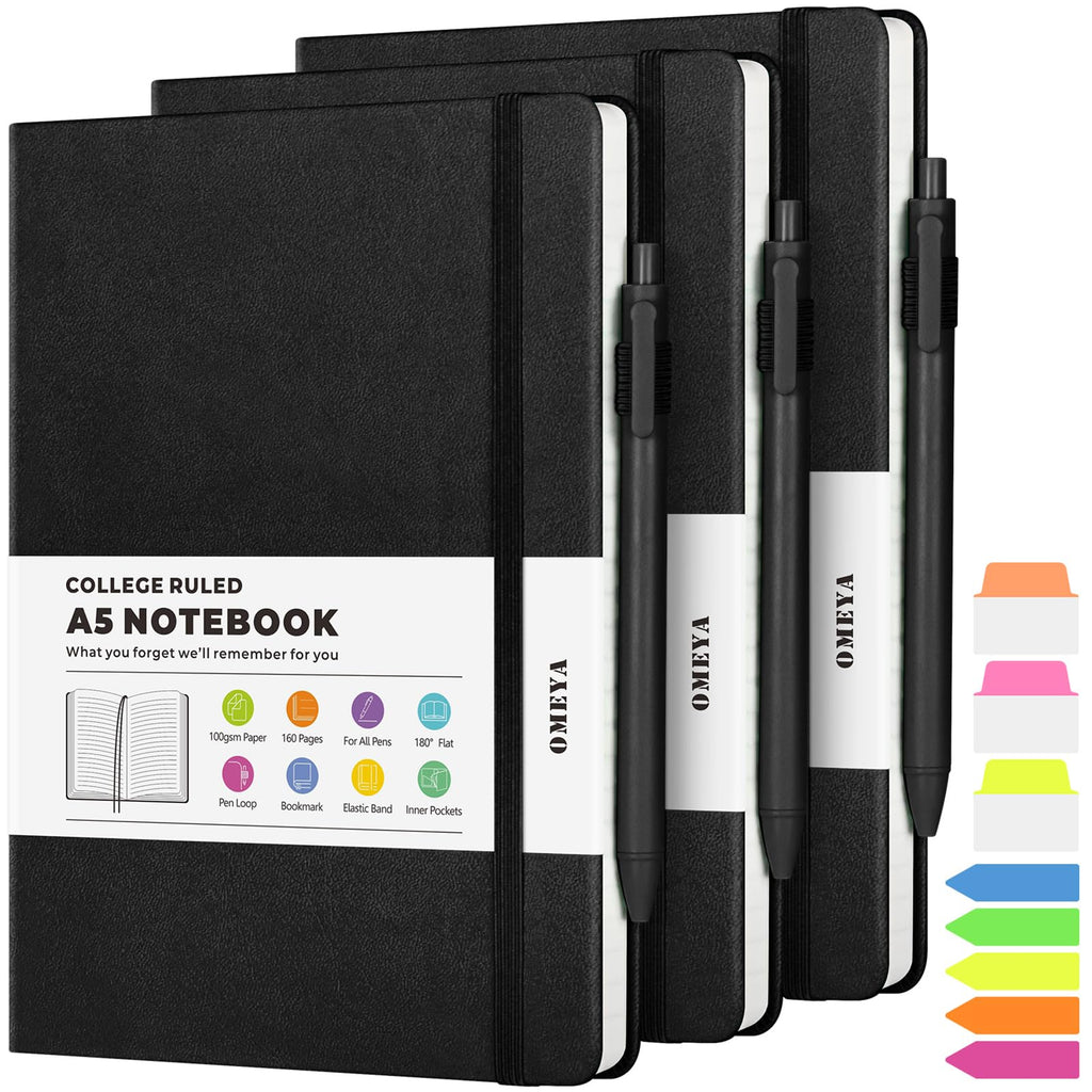 OMEYA A5 Hardcover Notebooks for Work: 3 Pack, 100gsm Paper, 160 Pages Each
