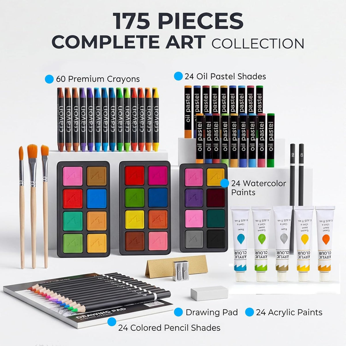 TMOL Art Supplies, 175-Pack Deluxe Art Set Drawing Painting Kit with 2 Drawing Pads, Acrylic Paints, Colored Pencils, Crayons, Art Kit in Wooden Case, Gift for Artist, Adults, Teens and Kids