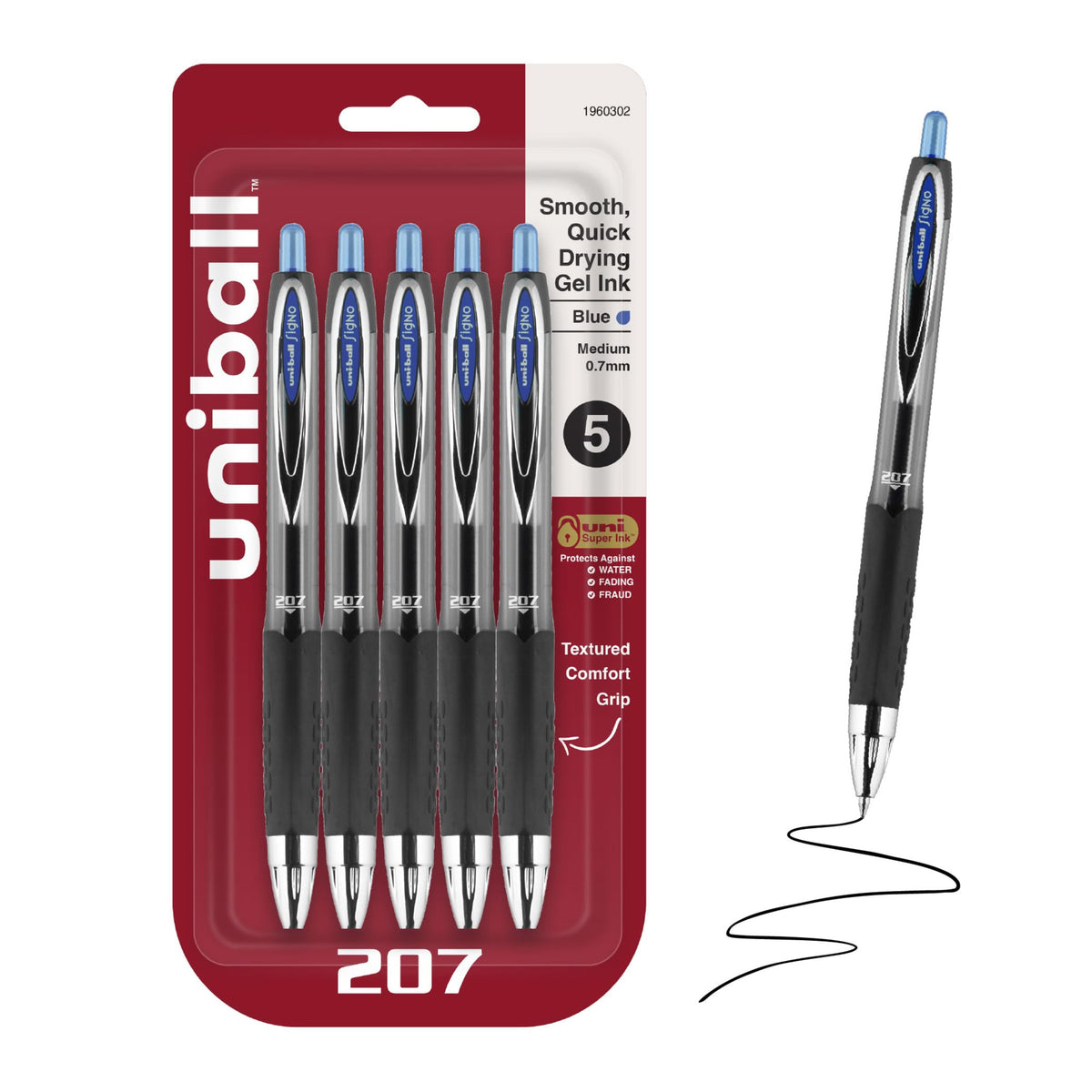 uniball™ 207 Gel Pens, Black Ink, 0.7mm Medium Point, Retractable, 12 Count