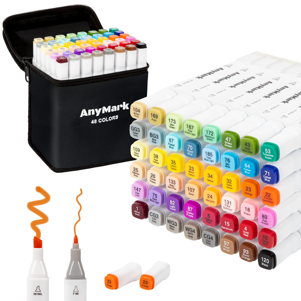 AnyMark 60 Colors Alcohol Markers Chisel & Fine Dual Tip