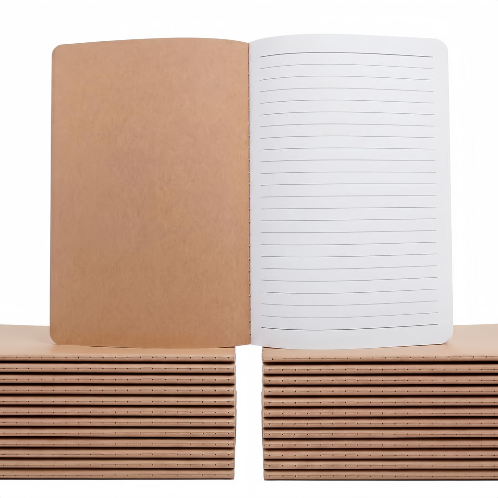 VMK 50 Pack A5 Wide Ruled Lay Flat Notebooks Bulk, Kraft Brown Softcover