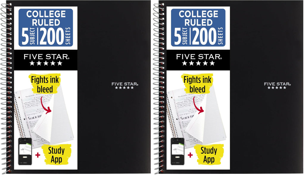 Five Star Spiral Notebook + Study App, 6 Pack, 5 Subject, College Ruled Paper, Fights Ink Bleed, Water Resistant Cover, 8-1/2" x 11", 200 Sheets, Assorted Colors (73793)