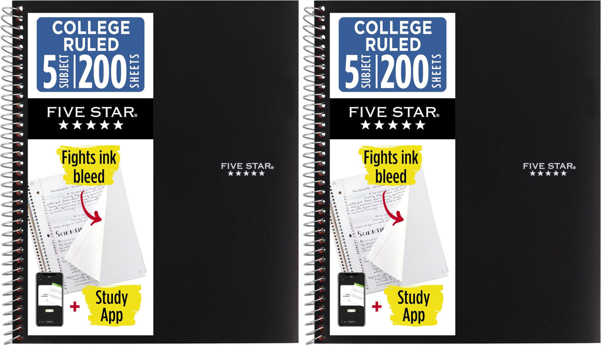 Five Star Spiral Notebook + Study App, 6 Pack, 5 Subject, College Ruled Paper, Fights Ink Bleed, Water Resistant Cover, 8-1/2" x 11", 200 Sheets, Assorted Colors (73793)