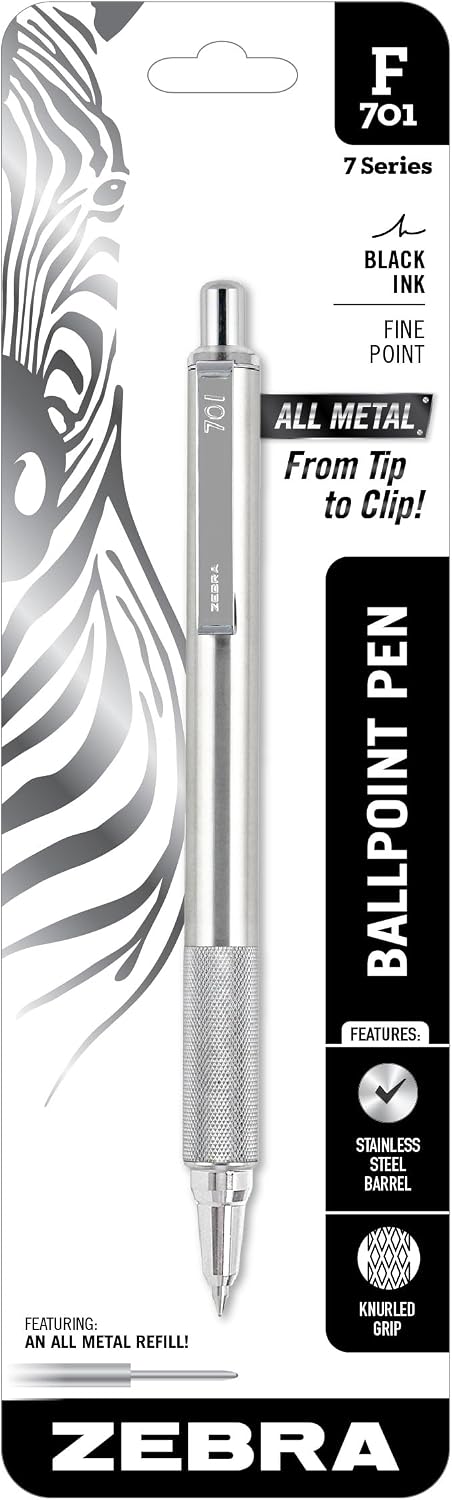 Zebra Pen STEEL F-701 Retractable Ballpoint Pen, Black Ink, 0.8mm, 1-Pack