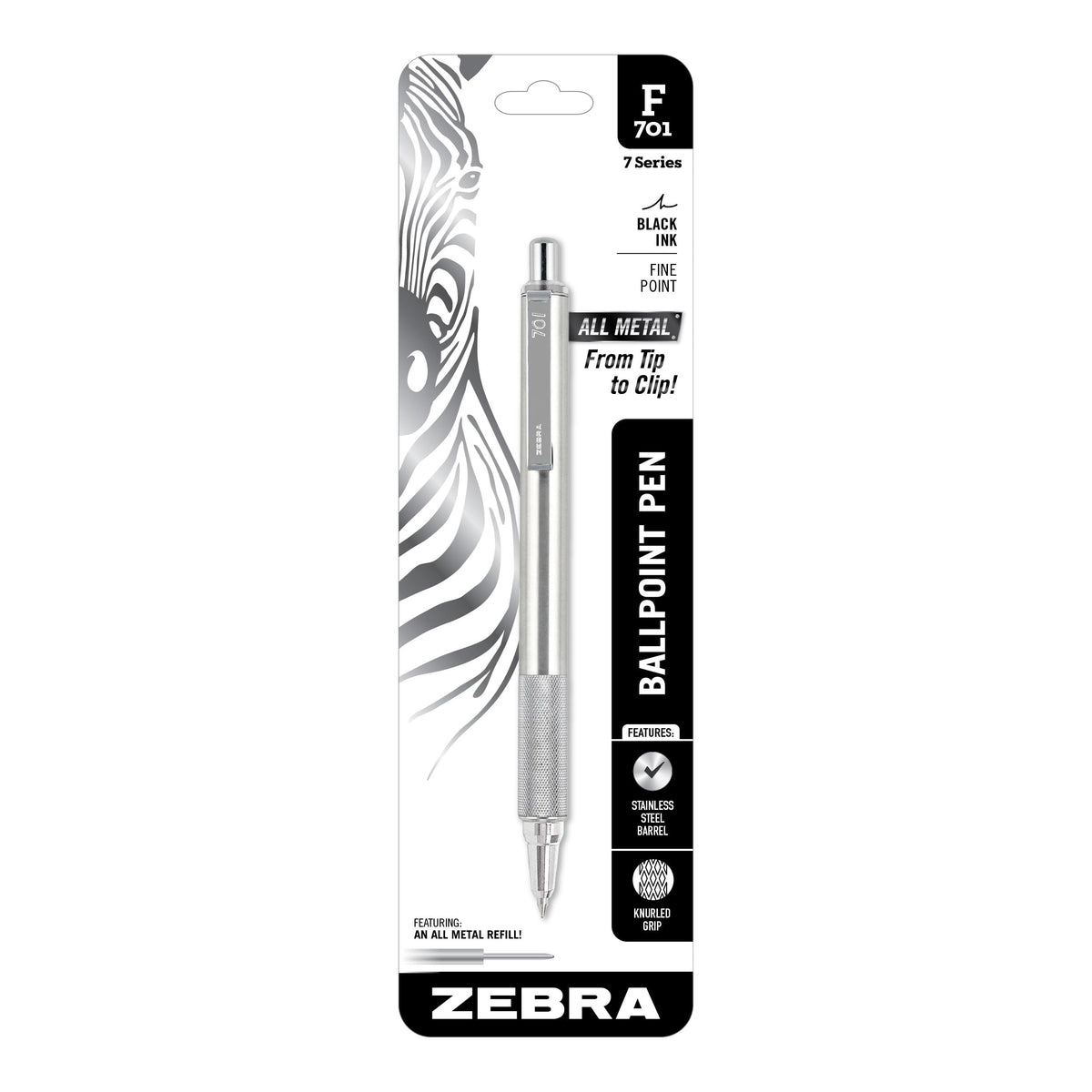 Zebra Pen STEEL F-701 Retractable Ballpoint Pen, Black Ink, 0.8mm, 1-Pack