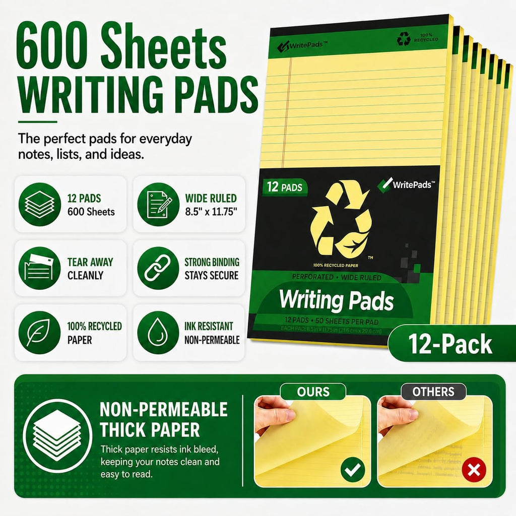 KAISA Legal Note pads 8.5 x 11，12pads 600 Sheets note pads office supplies Recycled Paper 8.5 x 11 Wide Ruled 50 sheets Premium Thick Paper Hard Back Notepads 8-1/2"x 11-3/4" Writing Tablet Canary For Office Supplies (Pack of 12)