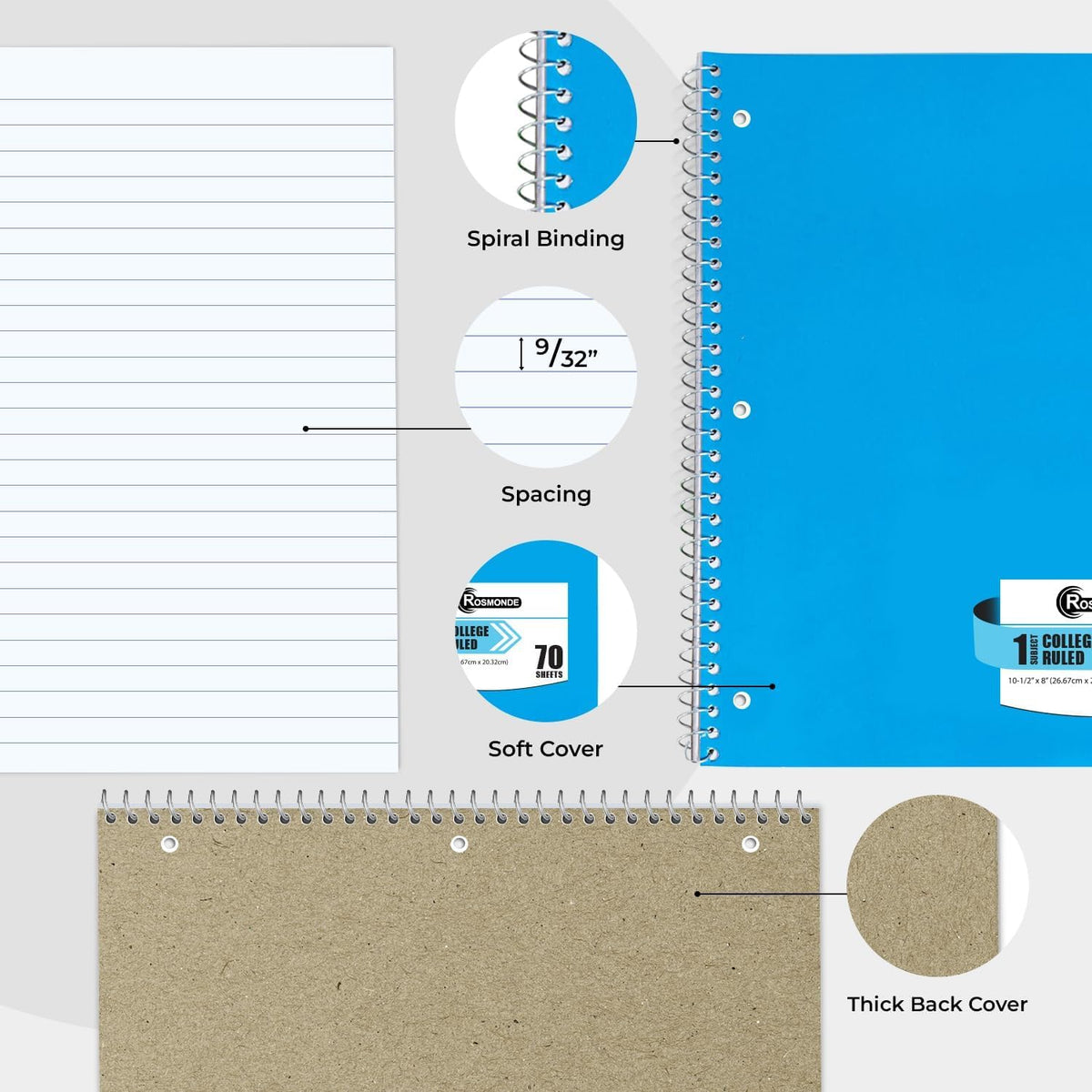 Rosmonde 50 Pack 1 Subject Spiral Notebook College Ruled Bulk, 70 Sheets