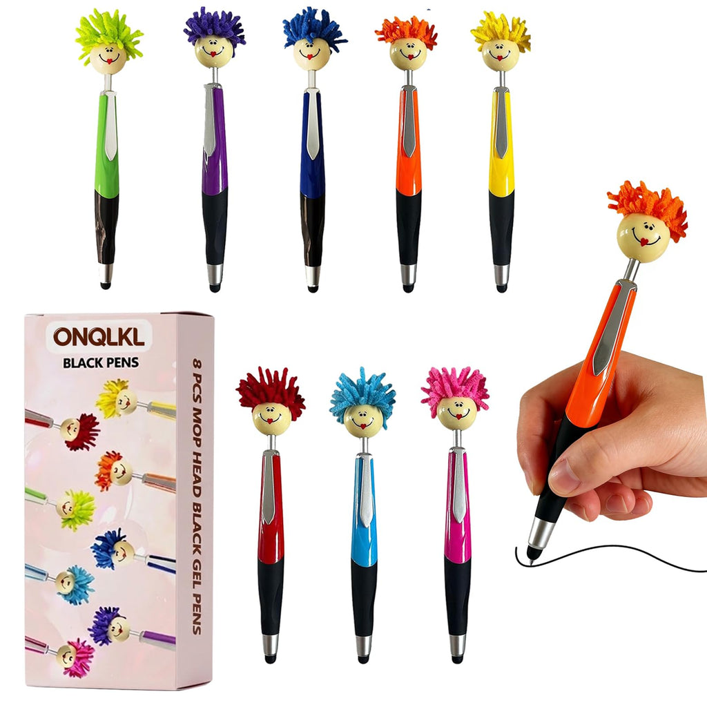 Pens,8pcs Mop Head Ballpoint Pens, Funny Mophea Topper Pen with Plush Hair Writing Click Pen Portable Cute Cartoon Multi-function Signing Party Favors Pens (BLACK ballpoint pen)