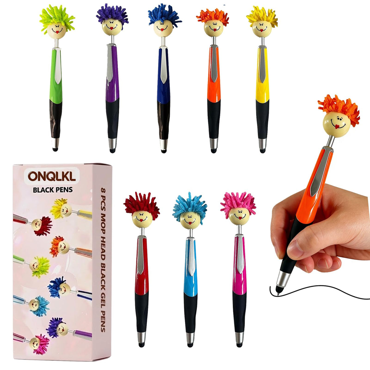 Pens,8pcs Mop Head Ballpoint Pens, Funny Mophea Topper Pen with Plush Hair Writing Click Pen Portable Cute Cartoon Multi-function Signing Party Favors Pens (BLACK ballpoint pen)