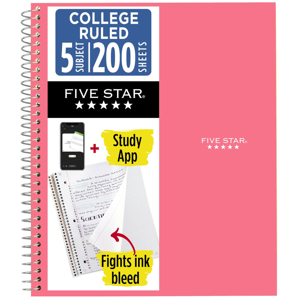 Five Star Spiral Notebook + Study App, 6 Pack, 5 Subject, College Ruled Paper, Fights Ink Bleed, Water Resistant Cover, 8-1/2" x 11", 200 Sheets, Assorted Colors (73793)