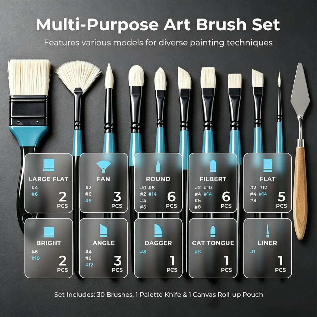 Nicpro 30pcs Paint Brush Set for Acrylic Painting, Oil, Watercolor, Gouache
