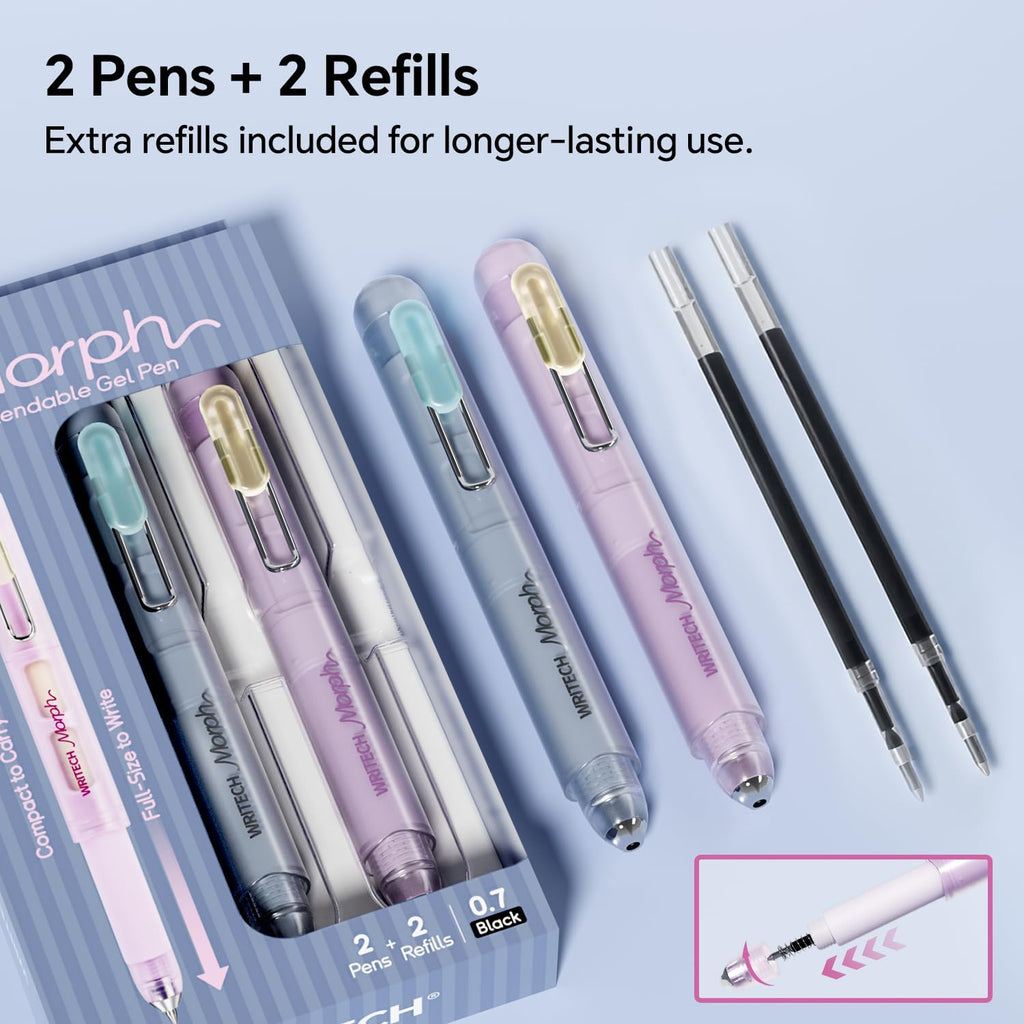 WRITECH Morph Extendable Gel Pens: 0.7mm Medium Point Black Ink Pocket-to-Full-Size Design Translucent Soft Grip Barrel Includes 2 Pens and 2 Refills Dual-Length Pocket Pen 4.6" to 6.1"