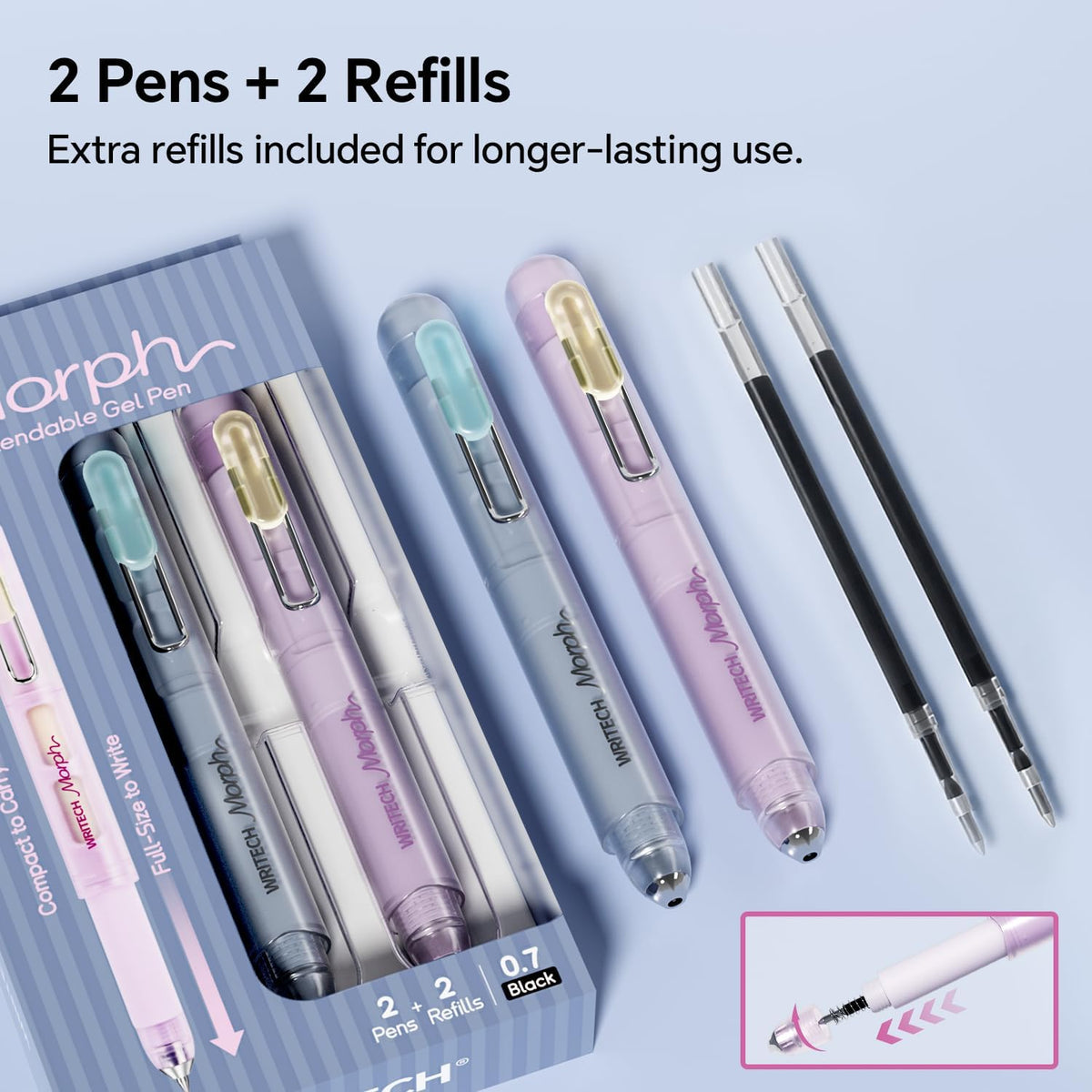 WRITECH Morph Extendable Gel Pens: 0.7mm Medium Point Black Ink Pocket-to-Full-Size Design Translucent Soft Grip Barrel Includes 2 Pens and 2 Refills Dual-Length Pocket Pen 4.6" to 6.1"
