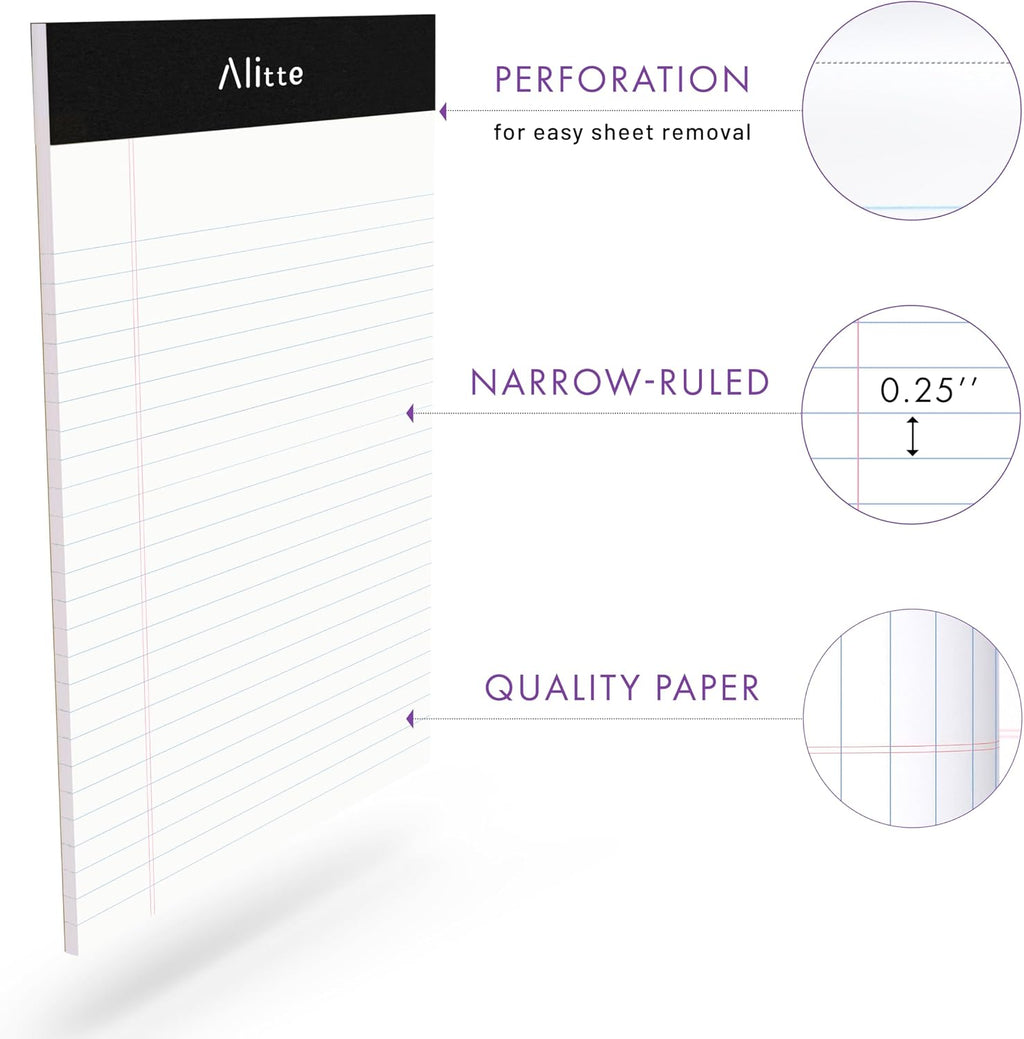 Alitte Legal Notepads 5x8, Pack of 12 - Perforated Narrow Ruled Writing Pad - Premium Thick Paper, No Ink Bleeding - Blank Legal Pads For Home, Office, School, Business - 50 Sheets Per Notebook