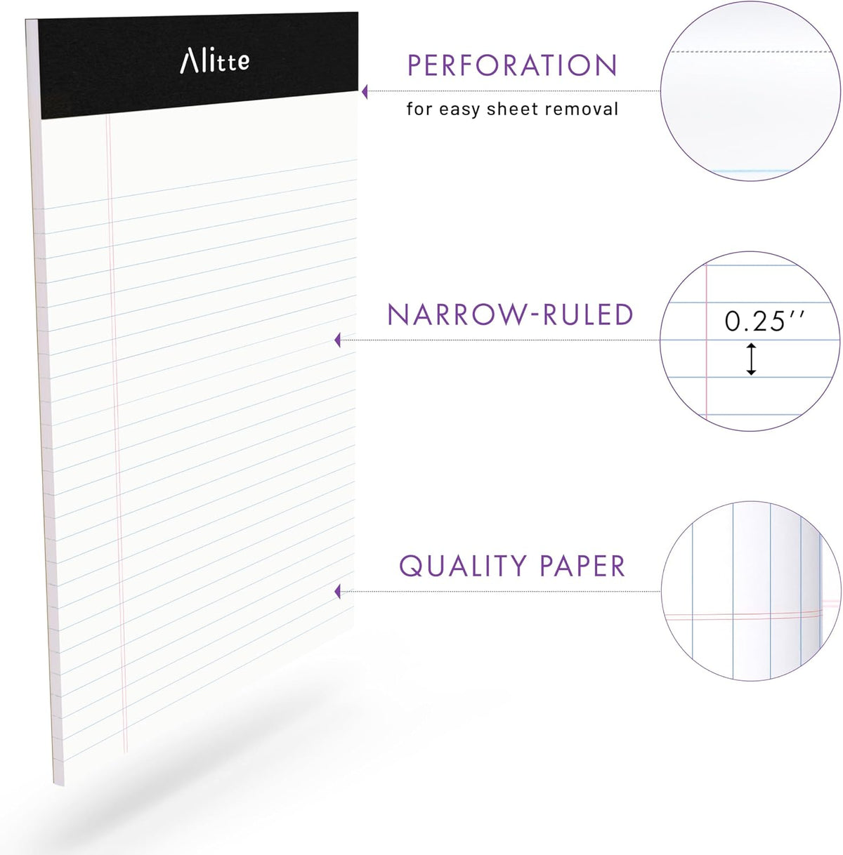 Alitte Legal Notepads 5x8, Pack of 12 - Perforated Narrow Ruled Writing Pad - Premium Thick Paper, No Ink Bleeding - Blank Legal Pads For Home, Office, School, Business - 50 Sheets Per Notebook