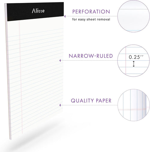 Alitte Legal Notepads 5x8, Pack of 12 - Perforated Narrow Ruled Writing Pad - Premium Thick Paper, No Ink Bleeding - Blank Legal Pads For Home, Office, School, Business - 50 Sheets Per Notebook