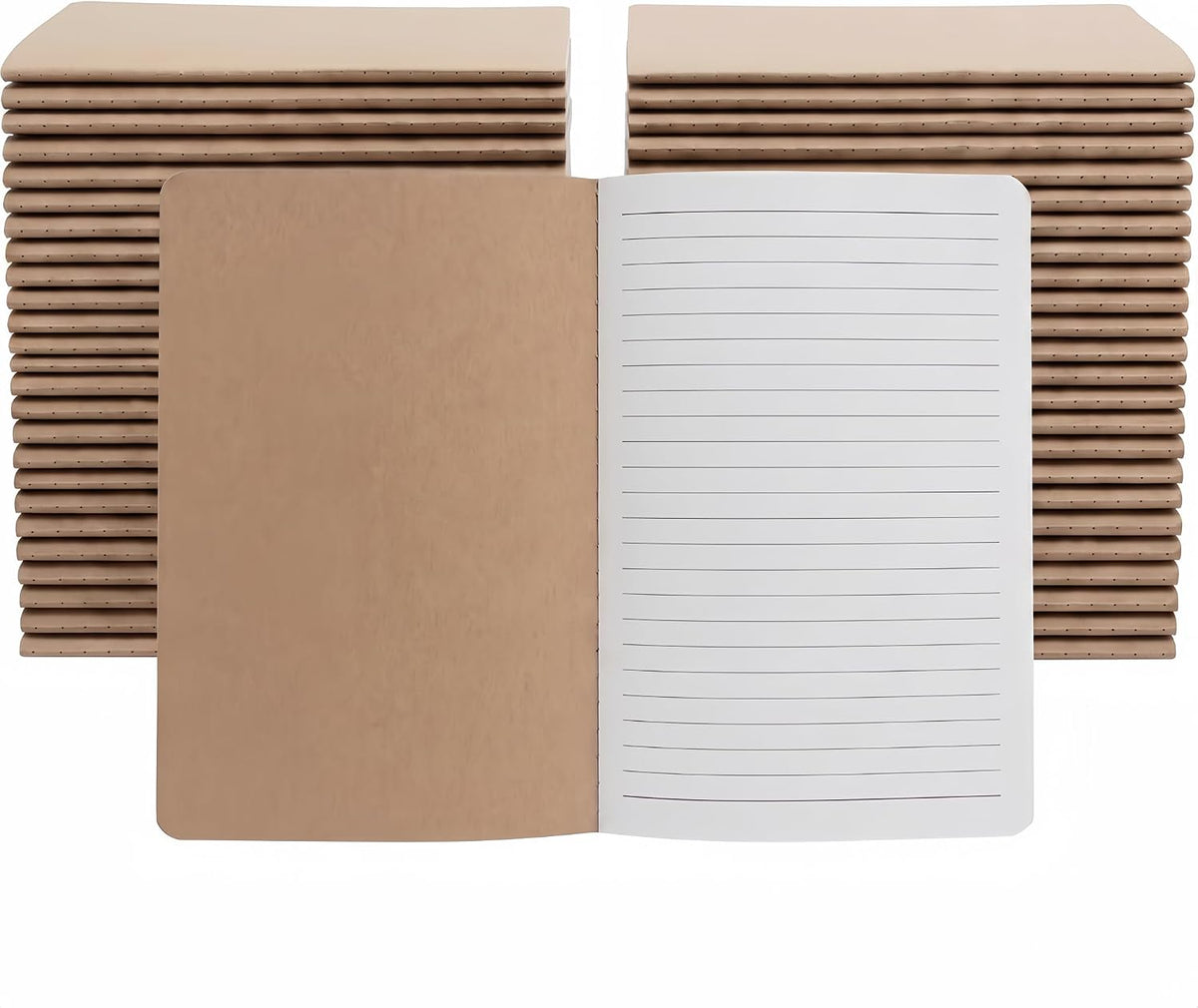 VMK 50 Pack A5 Wide Ruled Lay Flat Notebooks Bulk, Kraft Brown Softcover