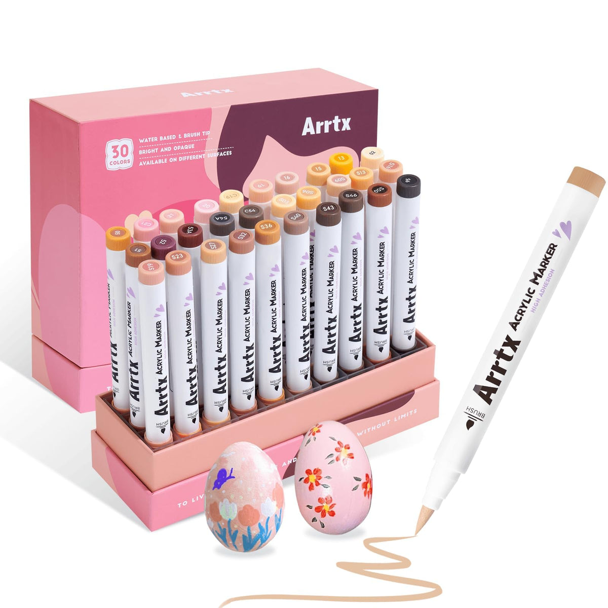 Arrtx 30 Colors Skin Color Acrylic Paint Pens, Skin Tone Paint Markers Paint Pens for Artists Adults Coloring Drawing Brush Tip for Rock Painting, Wood, Canvas, DIY Crafts Making Art Supplies