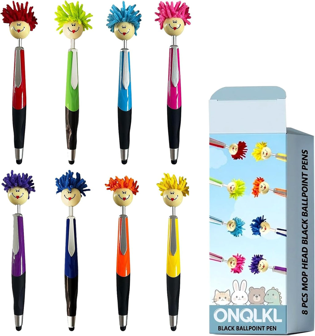 Pens,8pcs Mop Head Ballpoint Pens, Funny Mophea Topper Pen with Plush Hair Writing Click Pen Portable Cute Cartoon Multi-function Signing Party Favors Pens (BLACK ballpoint pen)