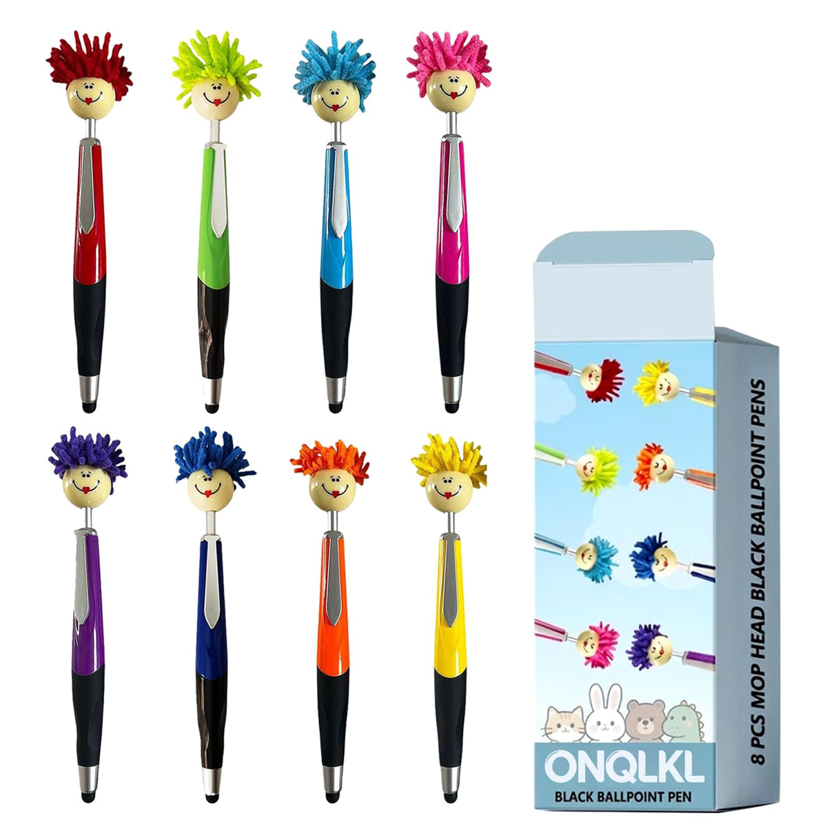 Pens,8pcs Mop Head Ballpoint Pens, Funny Mophea Topper Pen with Plush Hair Writing Click Pen Portable Cute Cartoon Multi-function Signing Party Favors Pens (BLACK ballpoint pen)