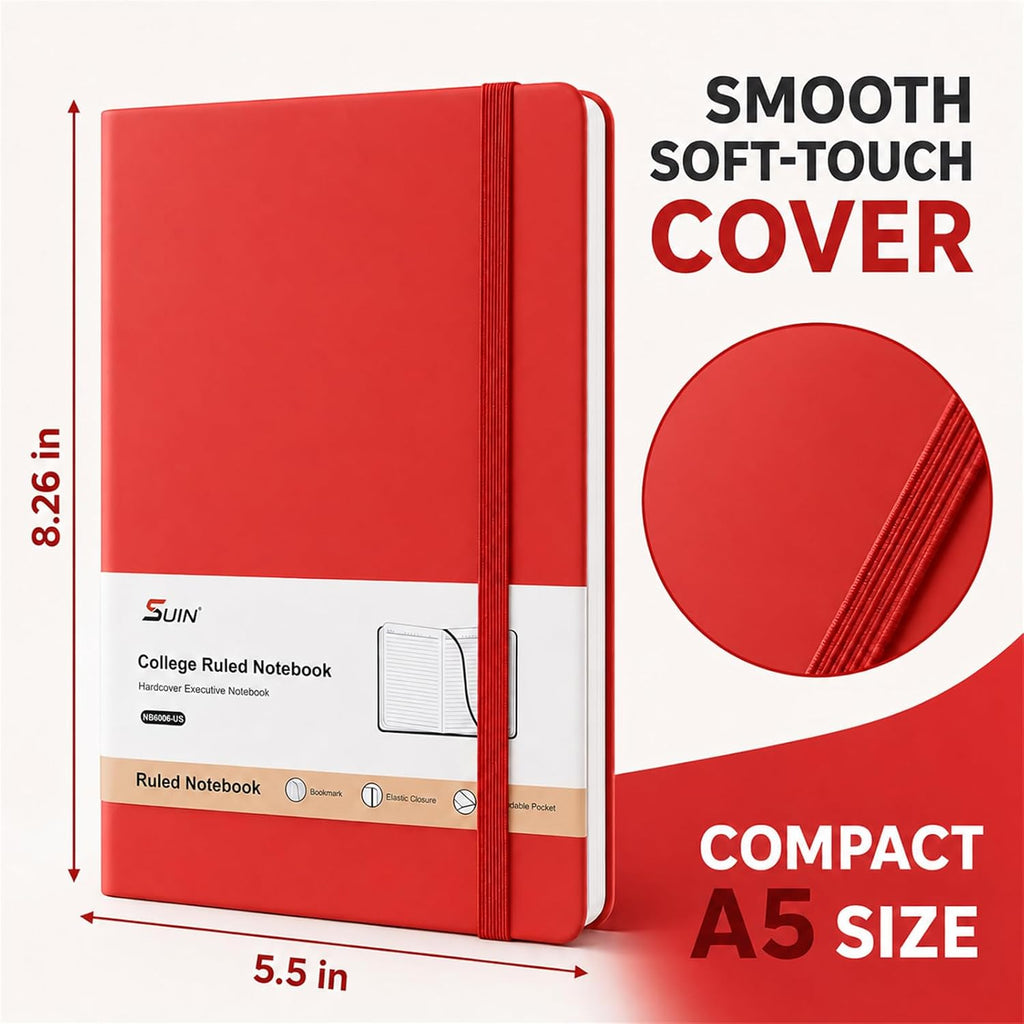 SUIN A5 Hardcover Lined Notebooks, Assorted Colors, 6 Pack, 200 Pages Each