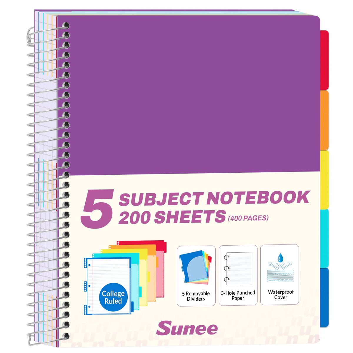 SUNEE 5 Subject Notebook College Ruled - 400 Pages, 9"x11", 5 Pocket Colored Dividers, 3-Hole Punched Paper, Pink