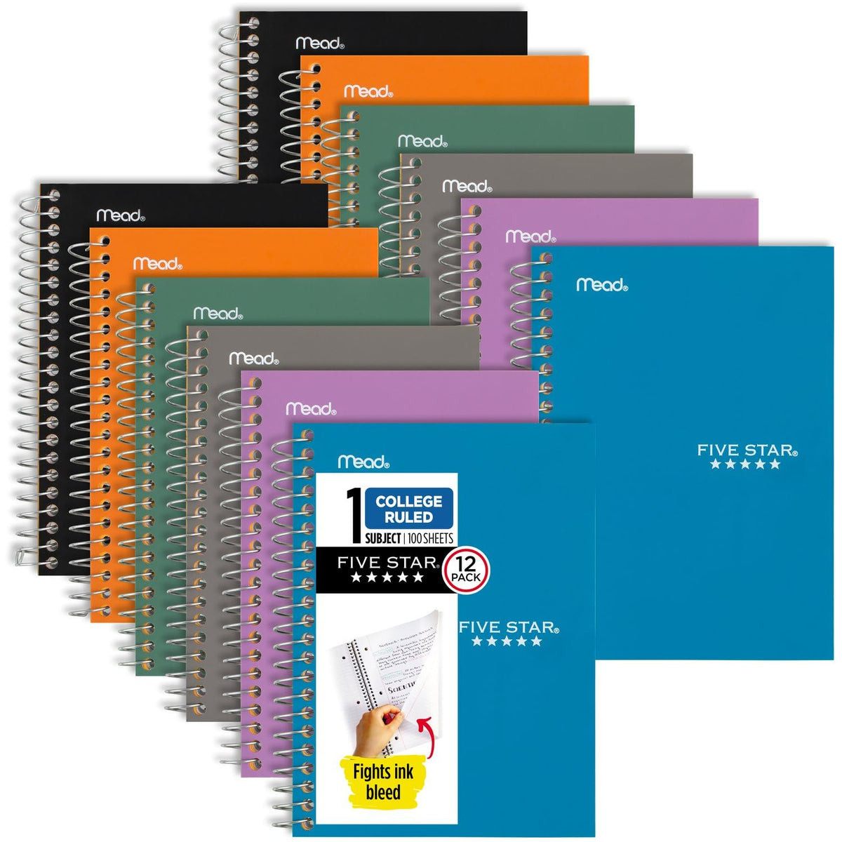 Five Star Spiral Notebooks, 12 Pack, 1 Subject, College Ruled Paper, 7" x 4 -/8", Personal Size, 80 Sheets, Purple, Orange, Green, Blue, Gray, Black (450048B-ECM)