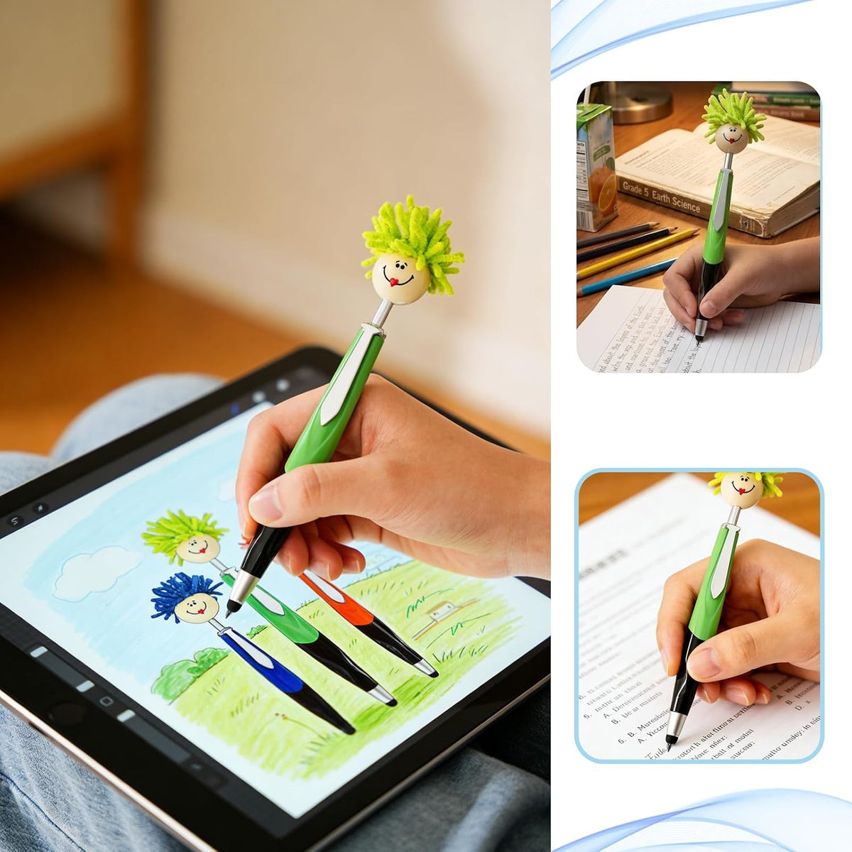Pens,8pcs Mop Head Ballpoint Pens, Funny Mophea Topper Pen with Plush Hair Writing Click Pen Portable Cute Cartoon Multi-function Signing Party Favors Pens (BLACK ballpoint pen)