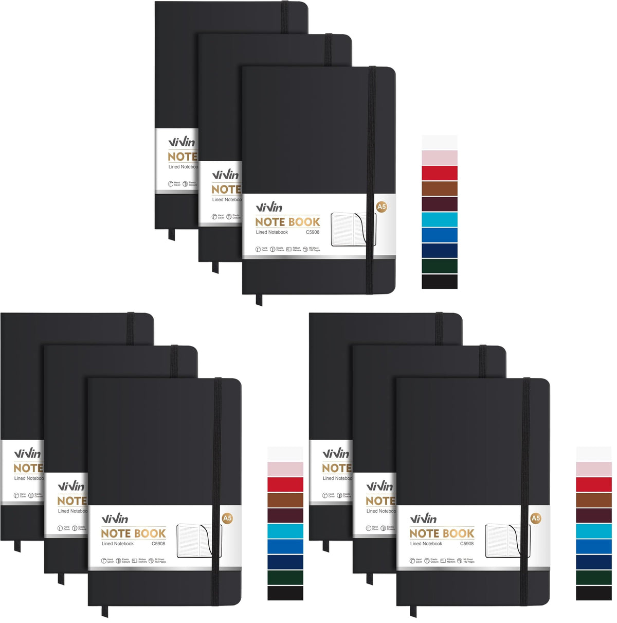ViVin 3 Pack A5 Hardcover Lined Notebook,192 pg College Ruled 5.5x8.3