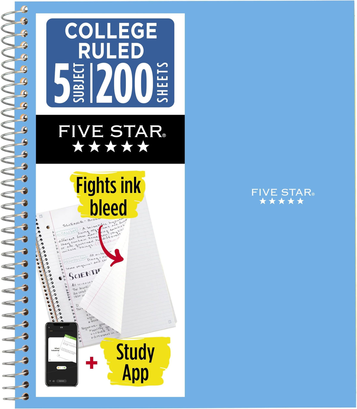 Five Star Spiral Notebook + Study App, 6 Pack, 5 Subject, College Ruled Paper, Fights Ink Bleed, Water Resistant Cover, 8-1/2" x 11", 200 Sheets, Assorted Colors (73793)