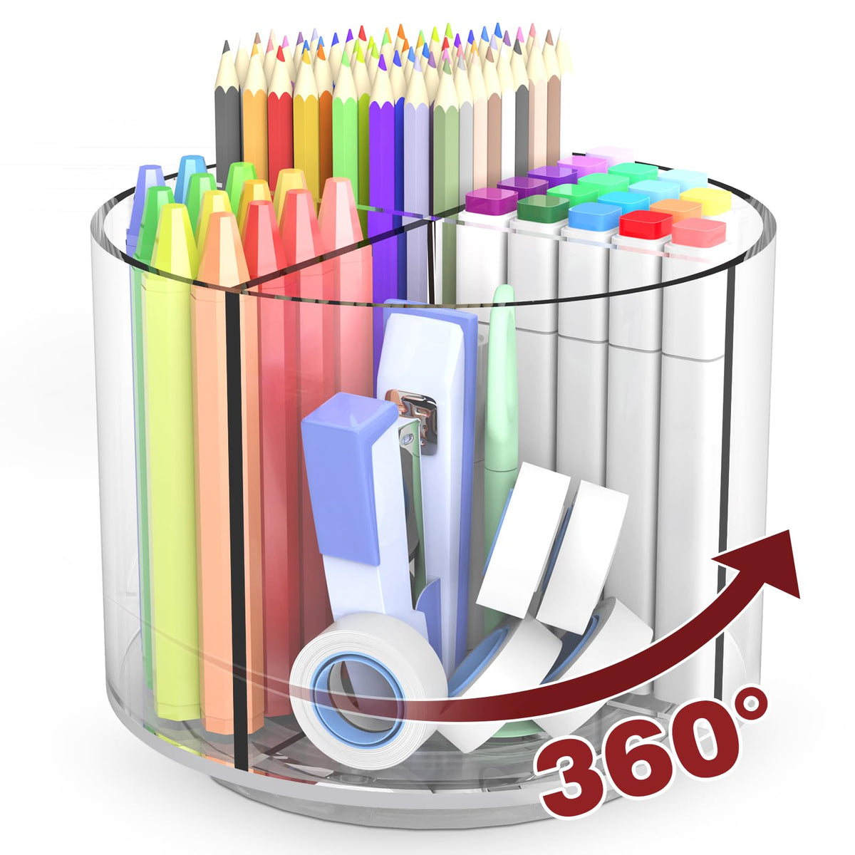 Absonic 250pcs Acrylic Pencil Holder Marker Organizer, Back to School 360-Degree Rotating Pen Holder, Crayon Organizers for Kids Pencil Organizer Caddy Art Supply Lazy Susan Organizer for Desk Office