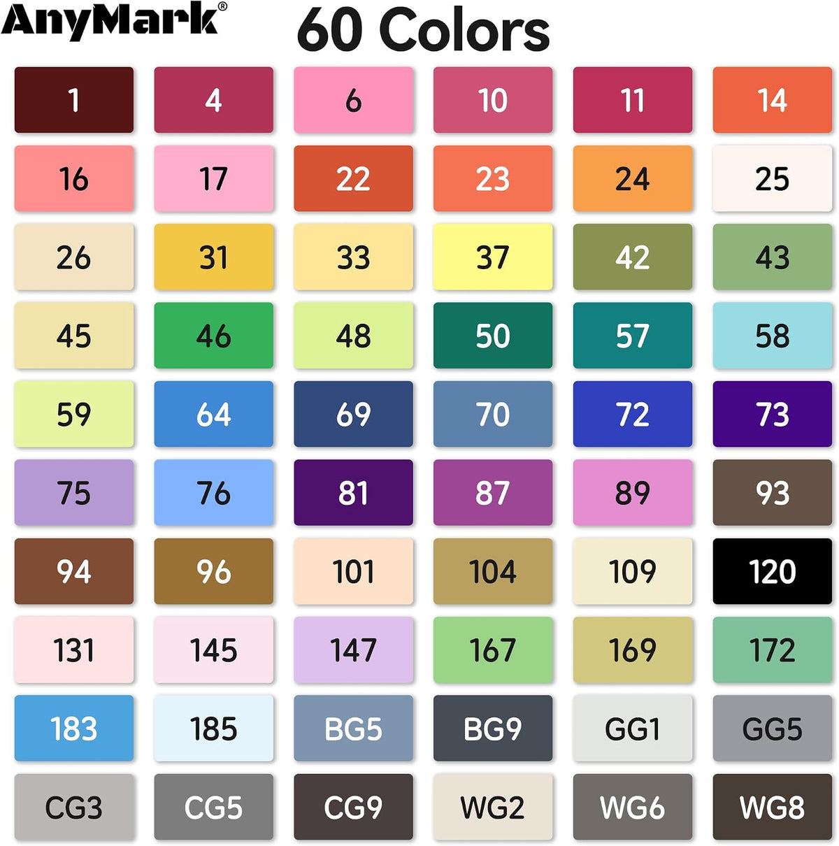 AnyMark 60 Colors Alcohol Markers Chisel & Fine Dual Tip