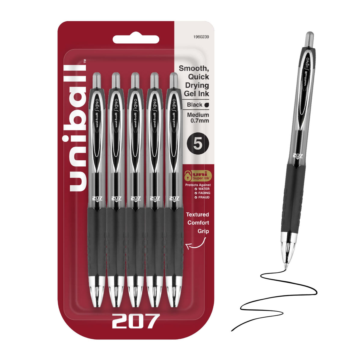uniball™ 207 Gel Pens, Black Ink, 0.7mm Medium Point, Retractable, 12 Count