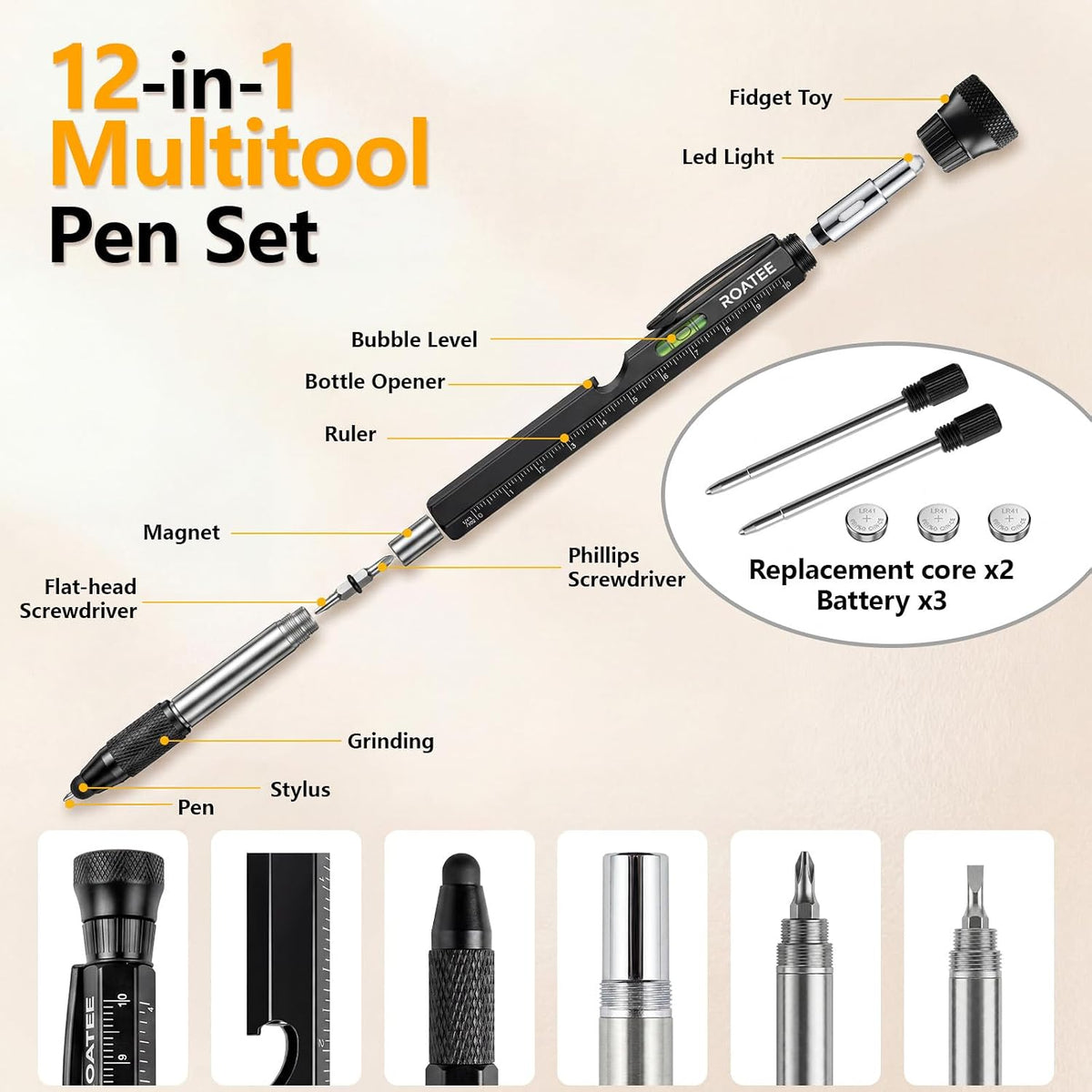 ROATEE Fathers Day Men Multi Tool Pen 12 in 1 Cool Stuff Gadgets Gift for Husband Dad Birthday Personalized Gifts Fidget Construction Pen with Small Screwdriver, Level, Ruler,Led Light, Black