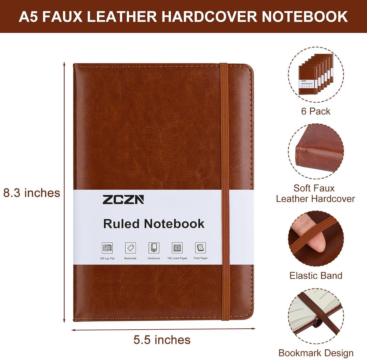 ZCZN 6 Pack Lined Journal Notebooks for Work, 5.5x8.3 in, 192 Pages, Hardcover Leather A5 Journals for Writing, Diary & Travel, Ruled Journaling Notebooks for School, Office, Home (Brown*6)