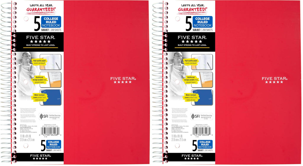 Five Star Spiral Notebook + Study App, 6 Pack, 5 Subject, College Ruled Paper, Fights Ink Bleed, Water Resistant Cover, 8-1/2" x 11", 200 Sheets, Assorted Colors (73793)