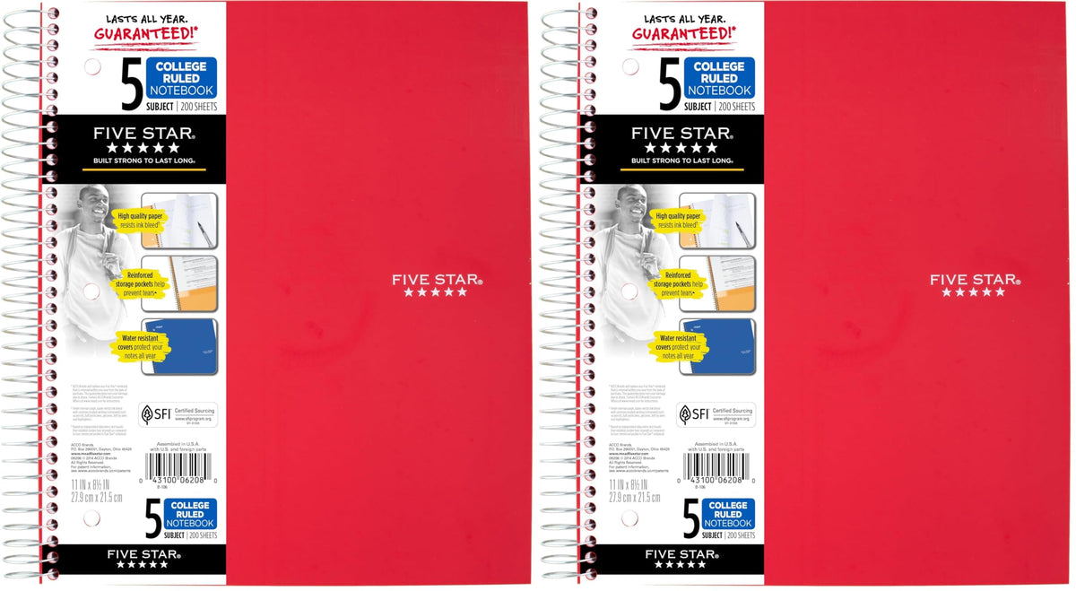 Five Star Spiral Notebook + Study App, 6 Pack, 5 Subject, College Ruled Paper, Fights Ink Bleed, Water Resistant Cover, 8-1/2" x 11", 200 Sheets, Assorted Colors (73793)