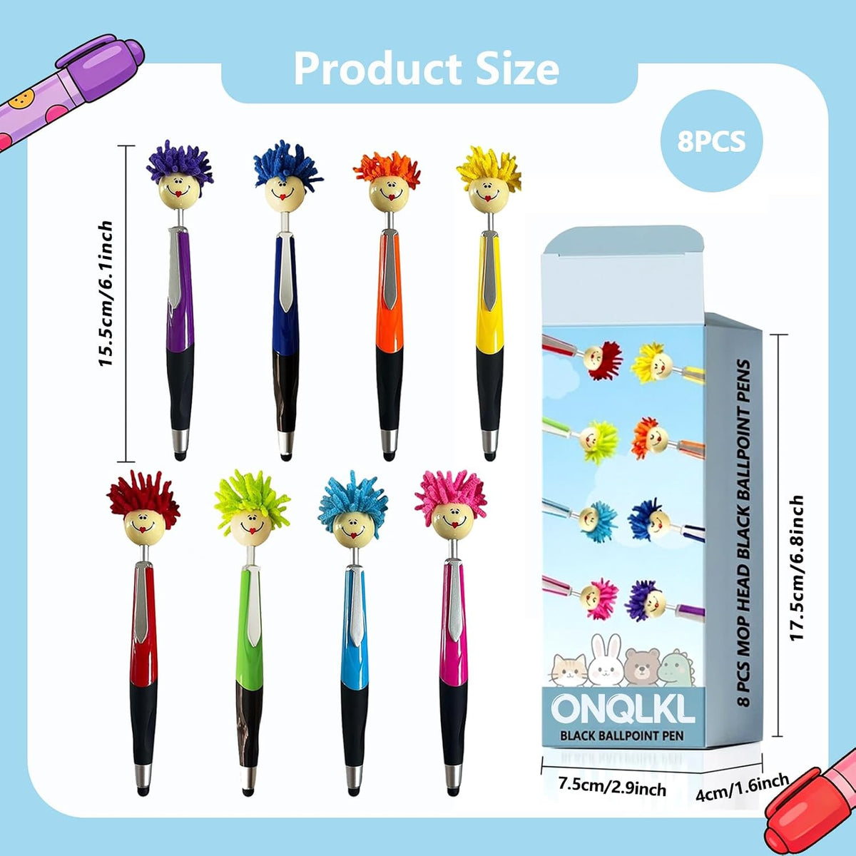 Pens,8pcs Mop Head Ballpoint Pens, Funny Mophea Topper Pen with Plush Hair Writing Click Pen Portable Cute Cartoon Multi-function Signing Party Favors Pens (BLACK ballpoint pen)