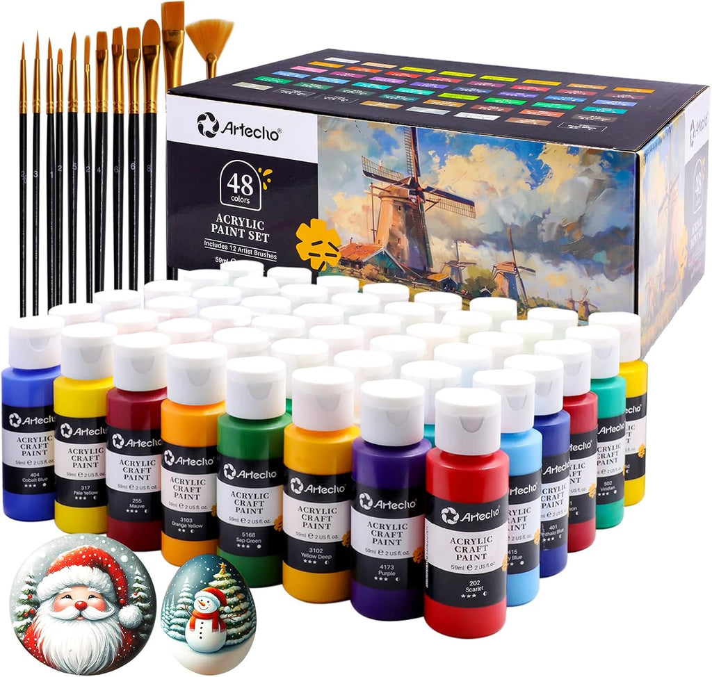 Artecho Acrylic Paint Set 48 Colors 2oz/59ml with 12 Brushes, Art Supplies