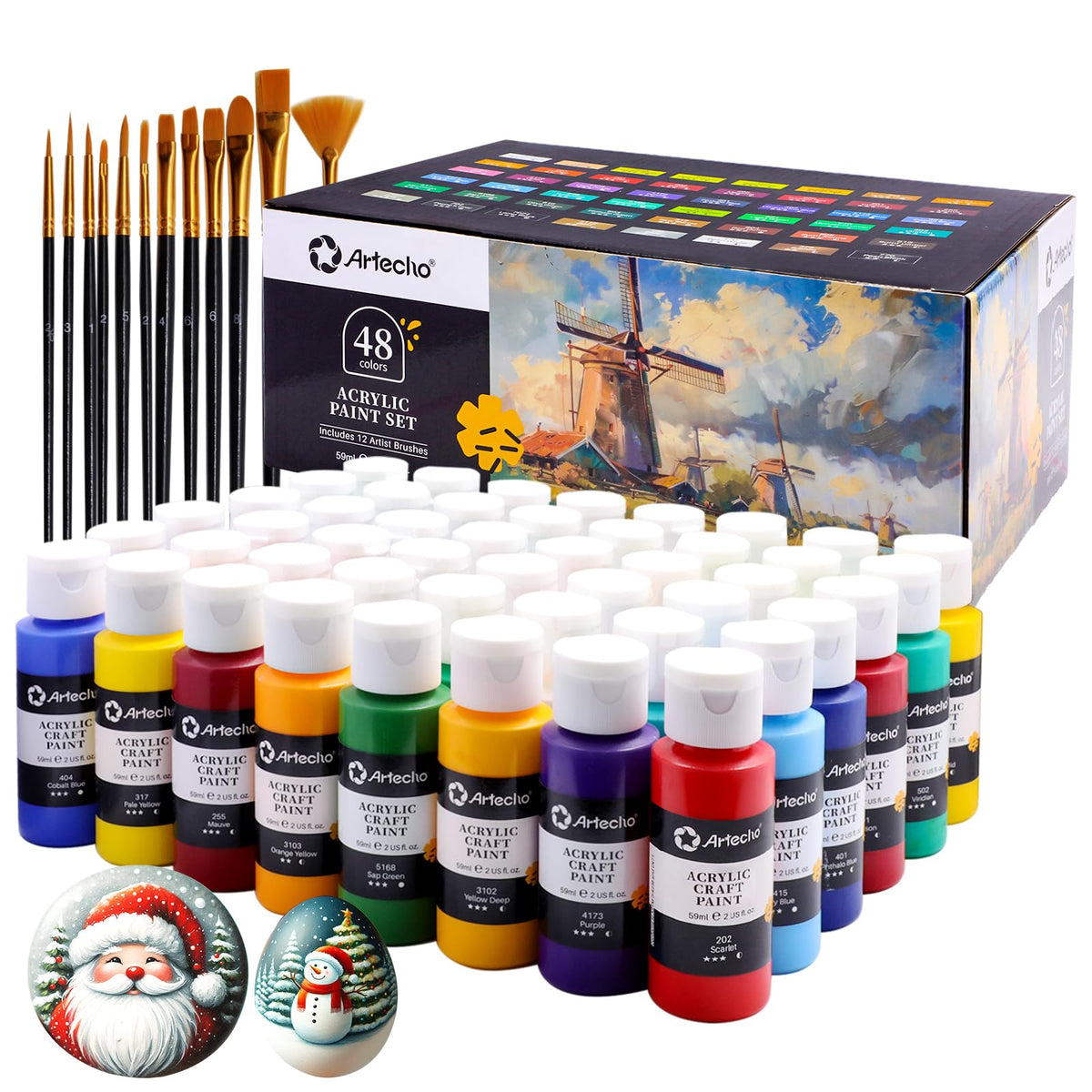 Artecho Acrylic Paint Set 48 Colors 2oz/59ml with 12 Brushes, Art Supplies