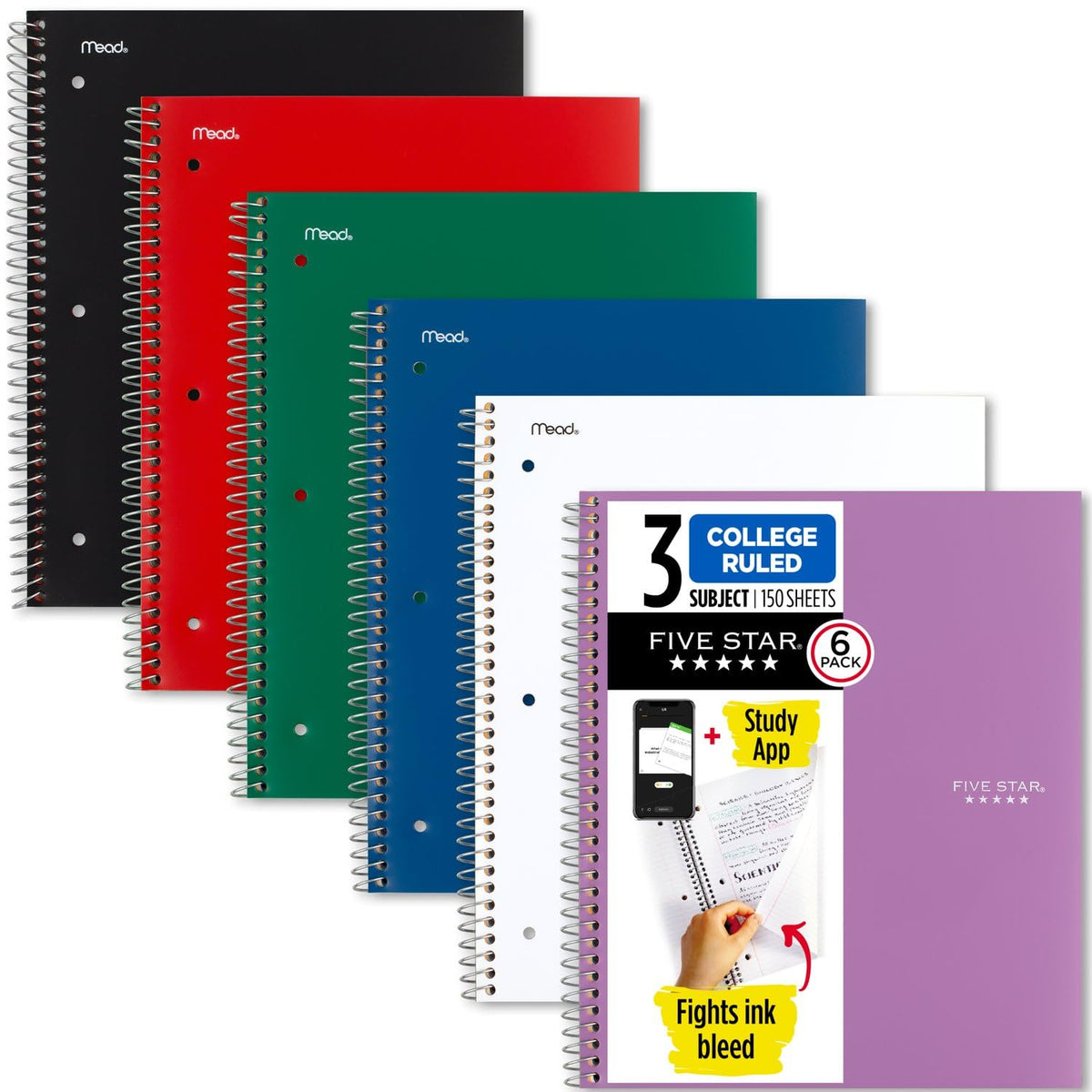 Five Star Spiral Notebook + Study App, 3 Pack, 3 Subject, College Ruled Paper, Fights Ink Bleed, Water Resistant Cover, 8-1/2" x 11", 150 Sheets, Green, Red, Blue (820193)
