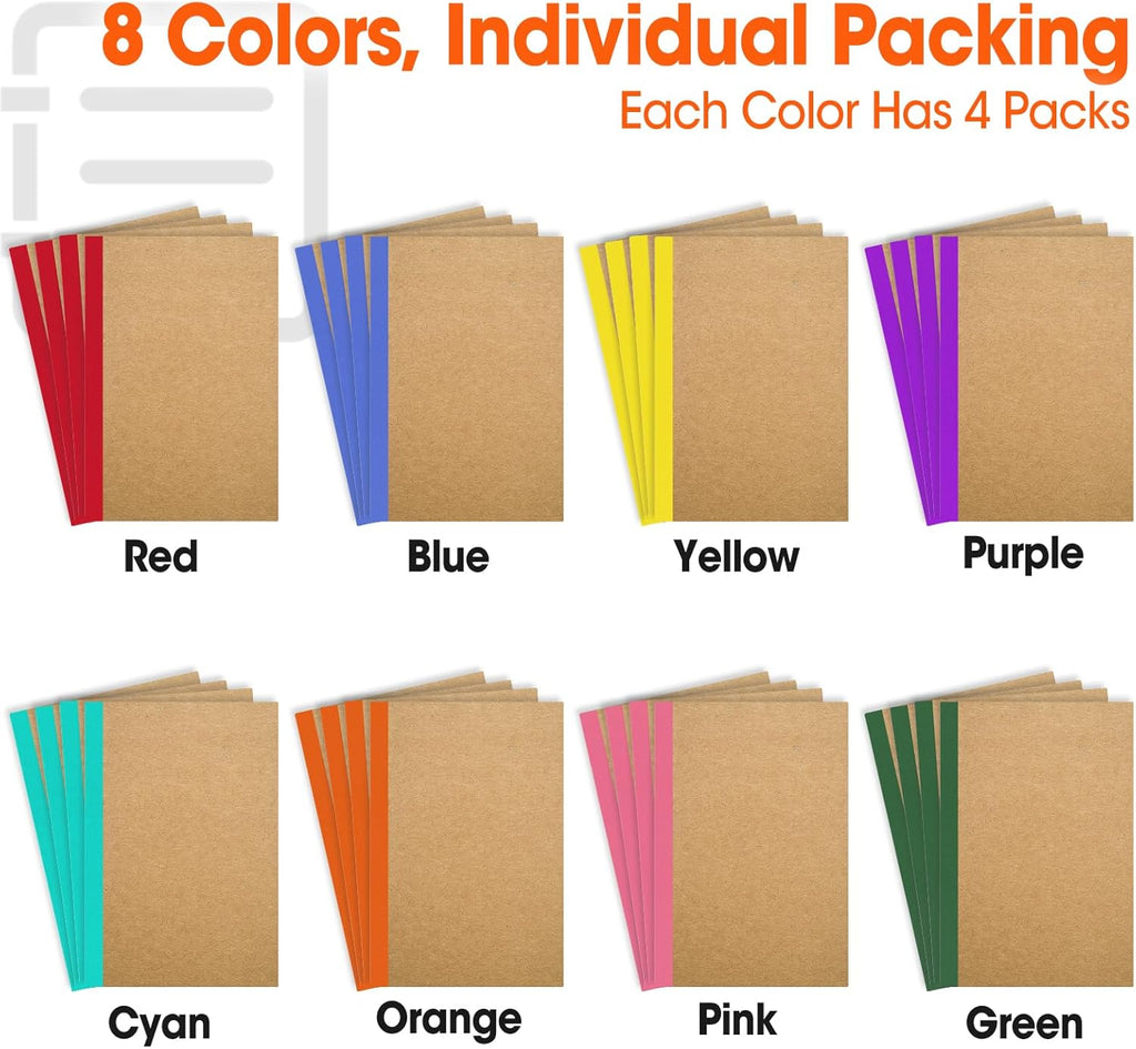 YesBes 32 Pack A5 Kraft Notebooks Bulk, 8.3'' x 5.5'' Lined Journal Notebook with Color Strip, Composition Notebooks Journaling Notebooks for School Office Students Artists, 8 Colors 60 Pages