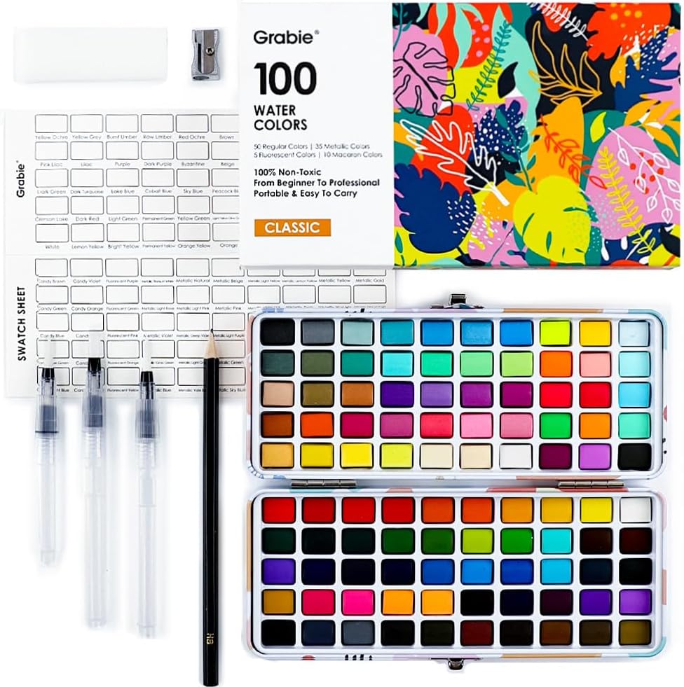 Grabie Watercolor Paint Set of 100 Color with Brush Pens