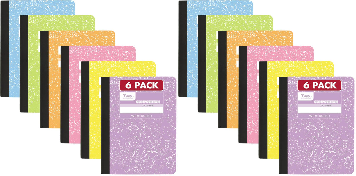 Mead Composition Notebook, College Ruled 7.5" x 9.75" Paper, 100 Sheets, Assorted Colors, 6 Pack (850106-ECM)