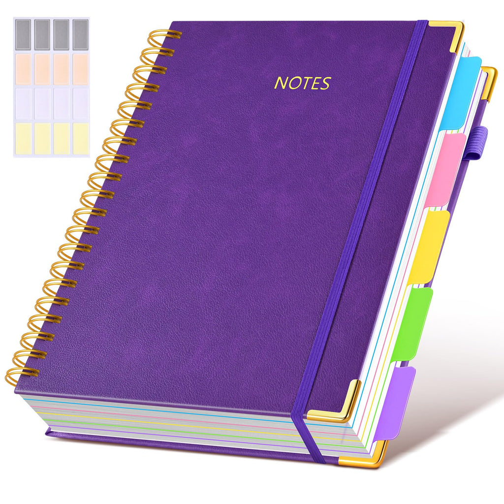 Hardcover Spiral Notebook journal with Removable Dividers Tabs, 300 Pages Leather 5 Subject Notebook College Ruled, 8"x10" Large B5 Notebooks for Work School Note taking, Lined Journal for Women,Black