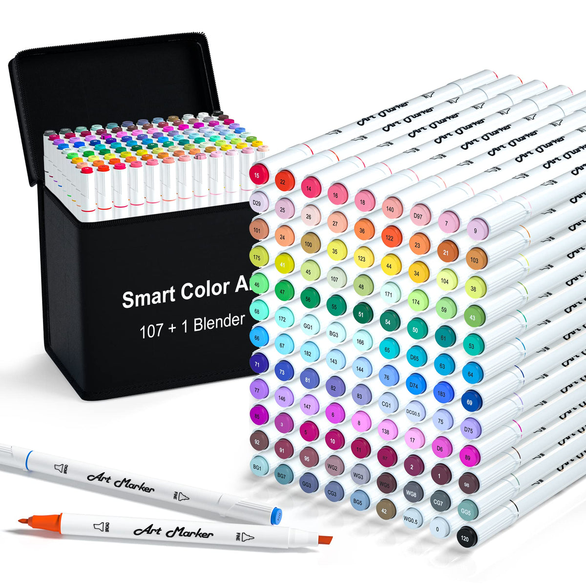 Smart Color Art 108 Pack Art Markers, 107 Alcohol Based Marker Pens and 1 Blender, Dual Tip Coloring Permanent Markers Highlighters with Case, Excellent for Adults Kids Marking Drawing Sketching
